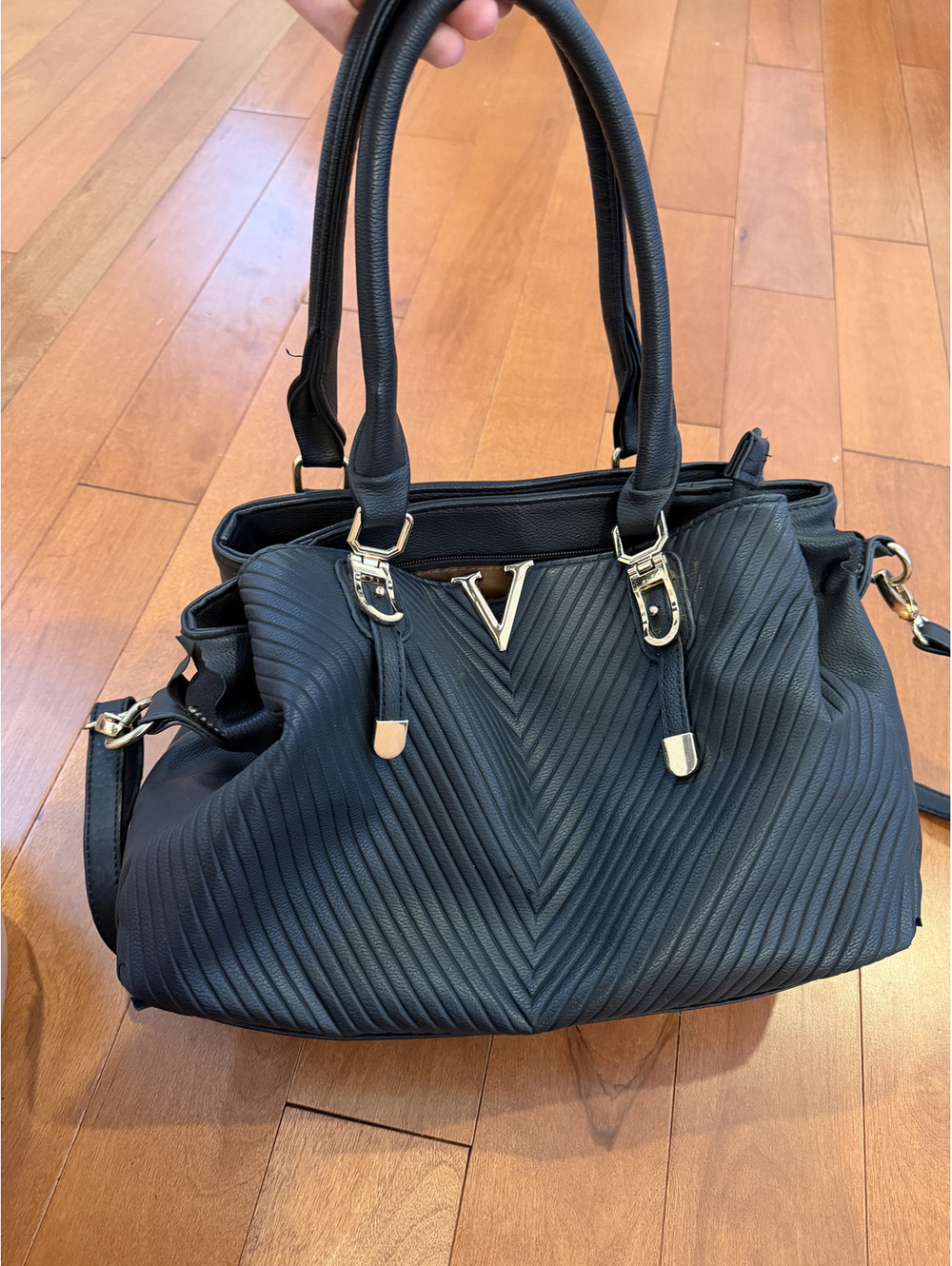Black Pleated Quilted Satchel Handbag Gold Hardware